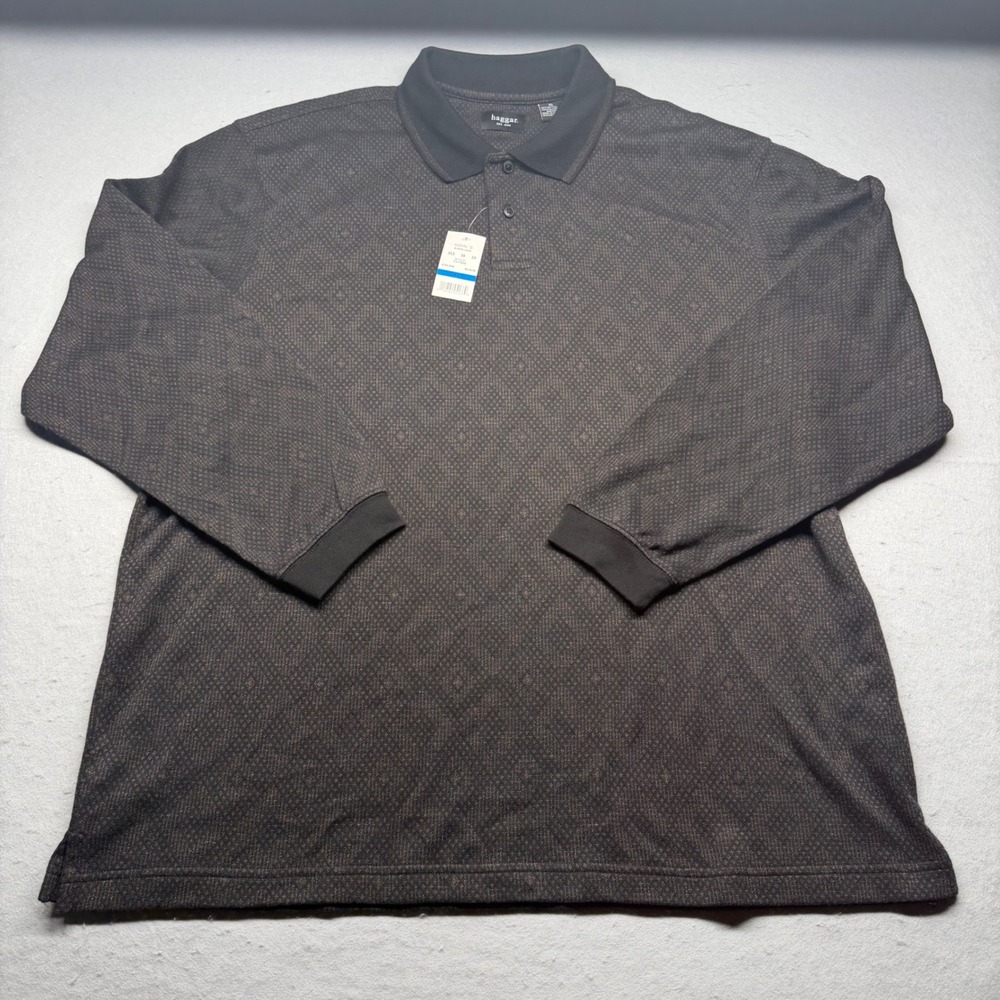 Haggar Polo Shirt Mens XL Black Work-to-Weekend Long Sleeve Diamond Easy Care